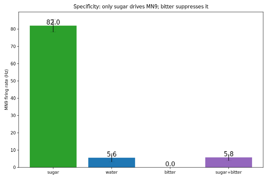Bar chart: at 150 Hz drive, sugar yields 82 Hz MN9 firing, water 5.6, bitter 0, sugar plus bitter 5.8